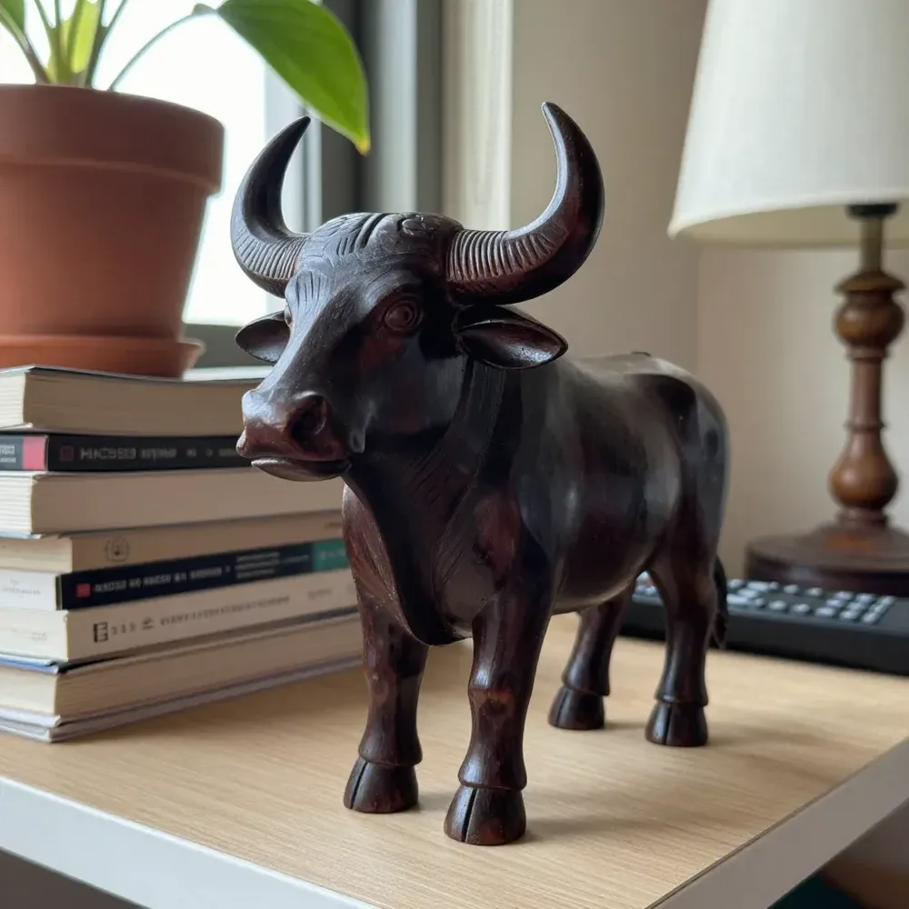 Zébu en bois sculpté photographié sur un fond encombré